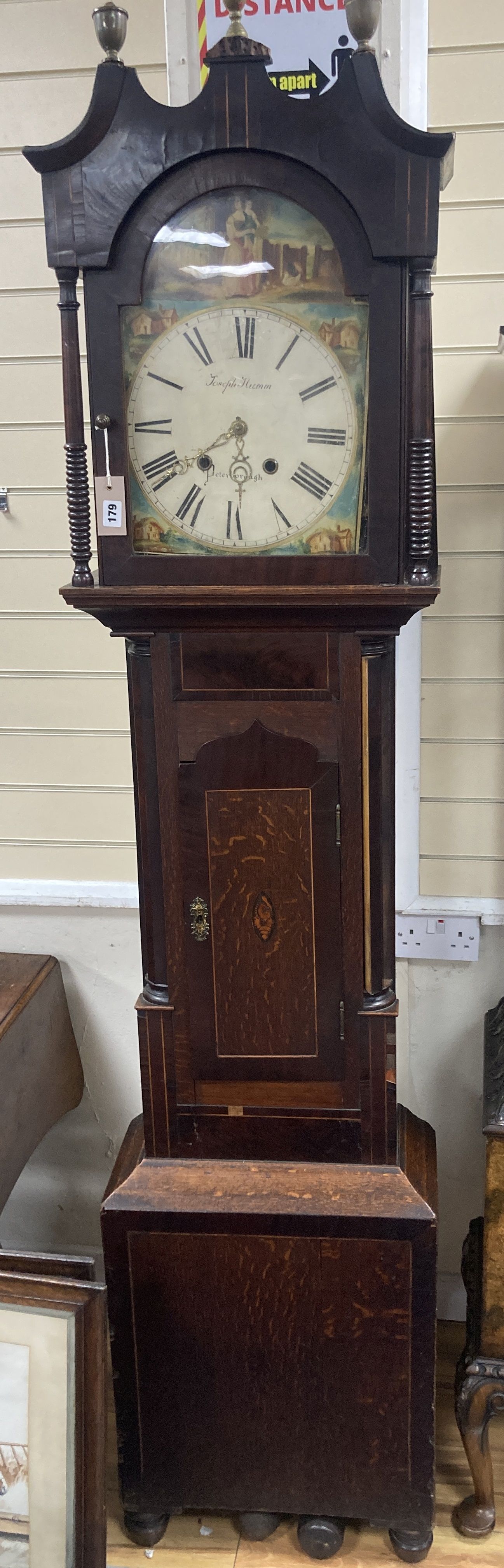 Joseph Humm[ell] of Peterborough. An early 19th century inlaid mahogany and oak eight day longcase clock, height 216cm